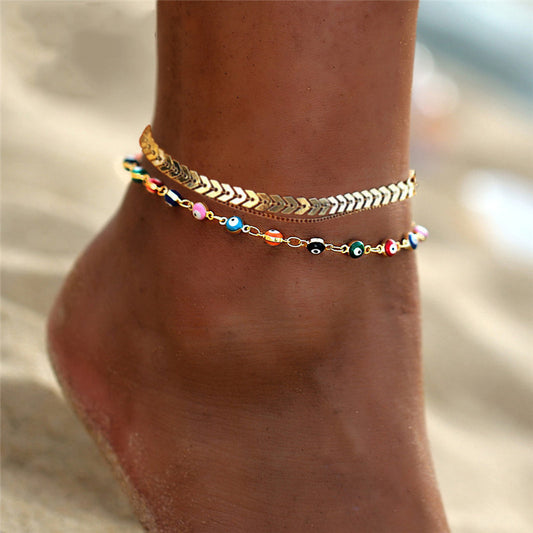 18K Gold Plated Link & Rainbow Eil Protection Summer Anklet